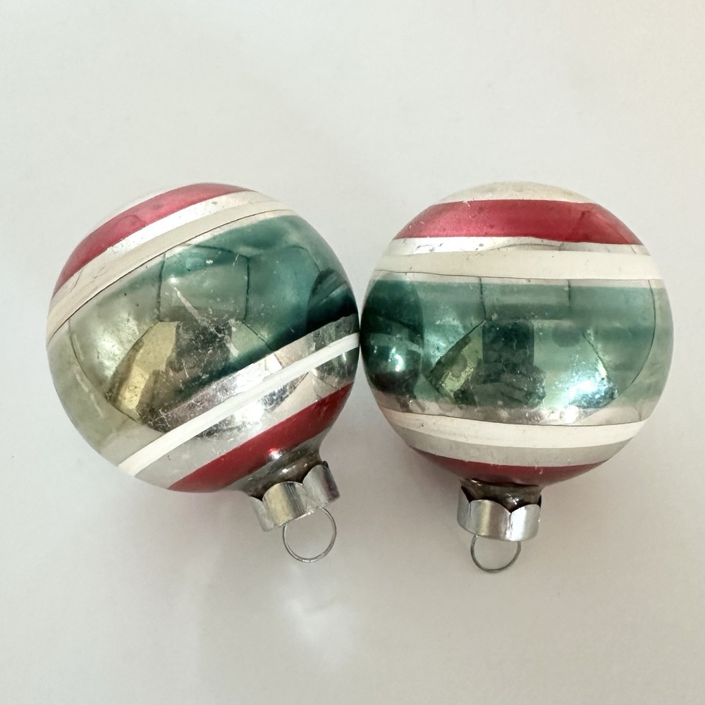 2 Vintage Silver Christmas Ball Ornaments Striped Made In USA READ Teal Pink